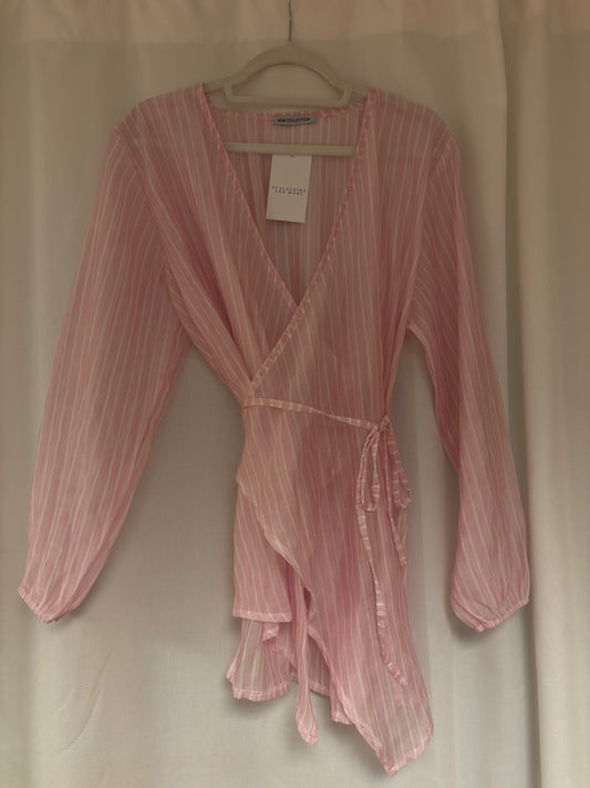 Gestreifte Wickelbluse rosa & beige