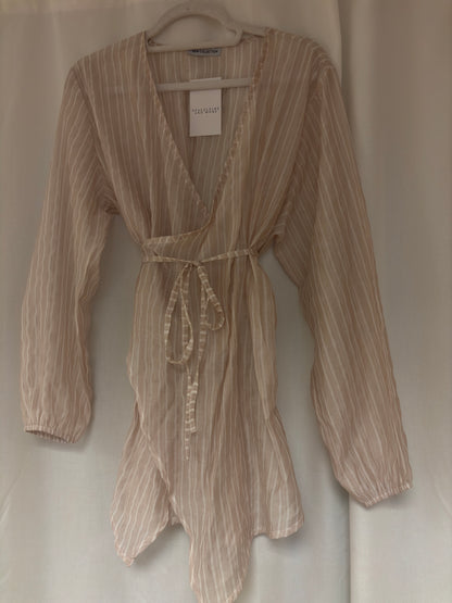 Gestreifte Wickelbluse rosa & beige
