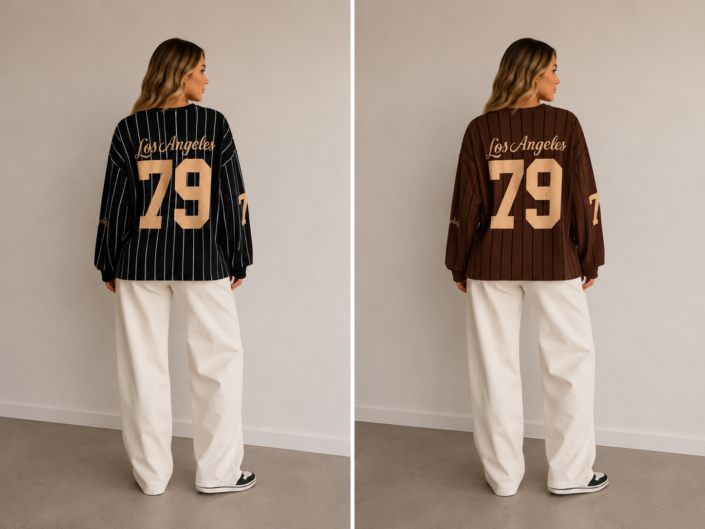 brauner und schwarzer 79 Los Angeles Pullover mit auffälligem Schriftzug -lässiger Damenpullover mit urbanem Look
