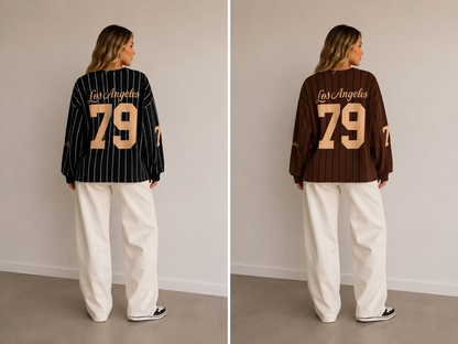brauner und schwarzer 79 Los Angeles Pullover mit auffälligem Schriftzug -lässiger Damenpullover mit urbanem Look