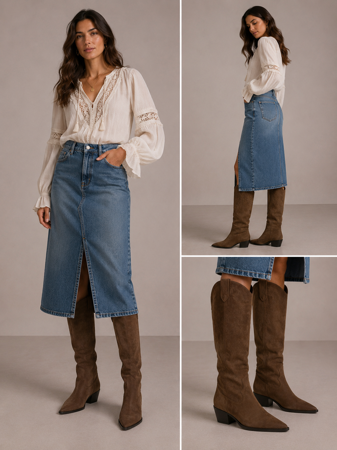 Braune Western Boots für Damen mit hohem Schaft und Blockabsatz – Seitenansicht