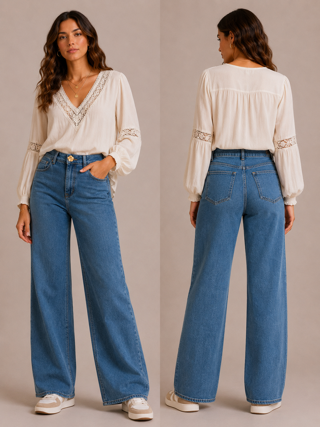 Damen Jeans aus Denim mit dekorativem Blumenknopf
