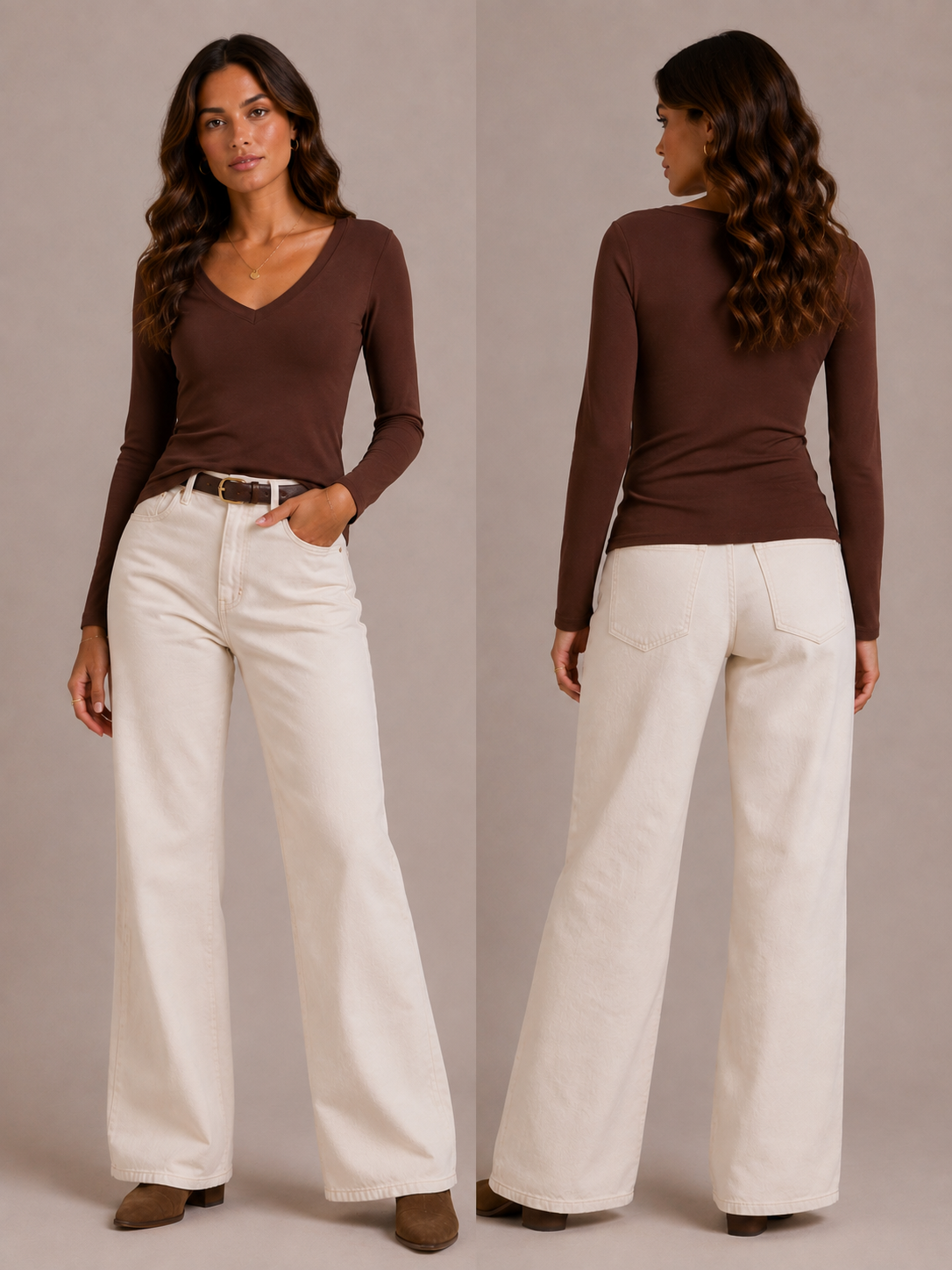 Damen Longsleeve in Chocolate Brown mit V-Ausschnitt in Vorder- und Rückansicht