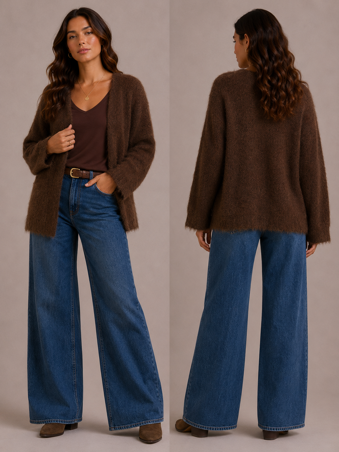 Braune Damen Strickweste Made in Italy in Vorder- und Rückansicht
