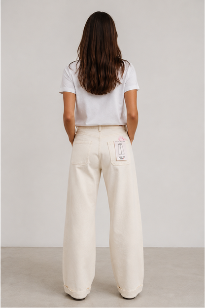 Ecru Wide Leg Jeans Damen High Waist mit Gesäßtaschen - Rückansicht