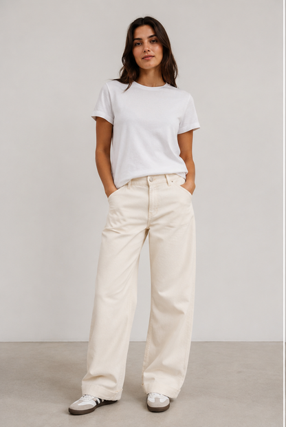 Wide Leg Jeans Damen in Ecru mit hohem Bund und weitem Bein- Vorderansicht

